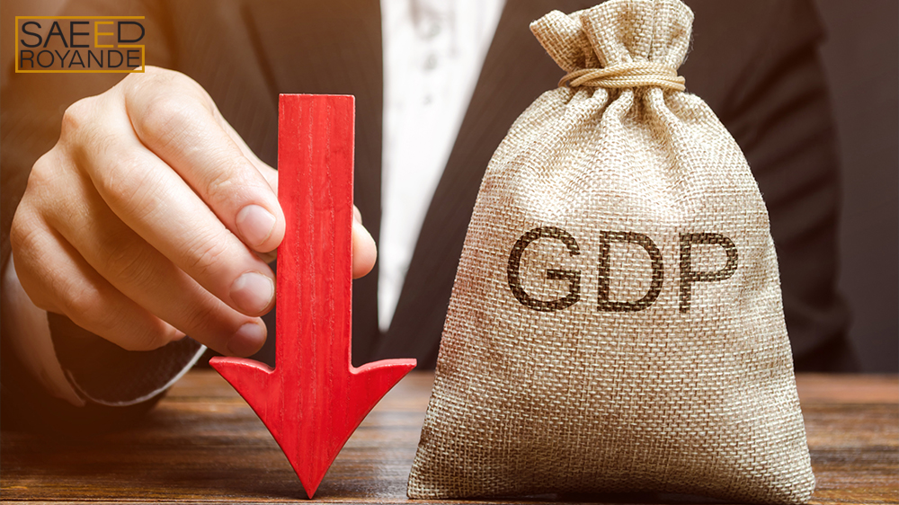 A bag with the word GDP and a down arrow