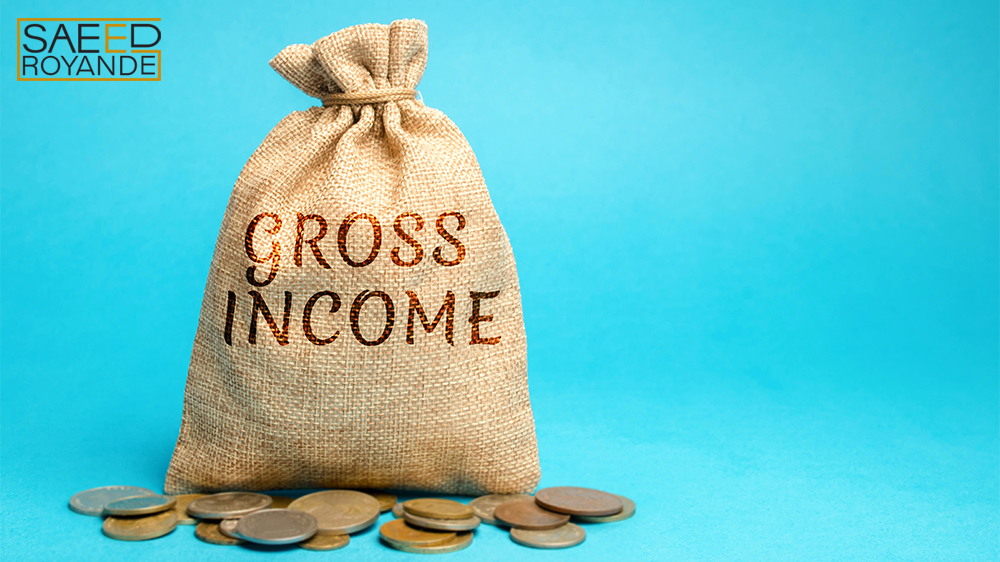 Gross income text on a bag with coins on floor