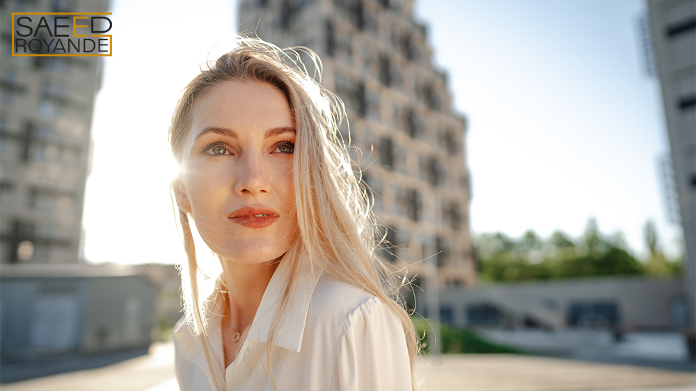 Close up portrait of young businesswoman outdoors