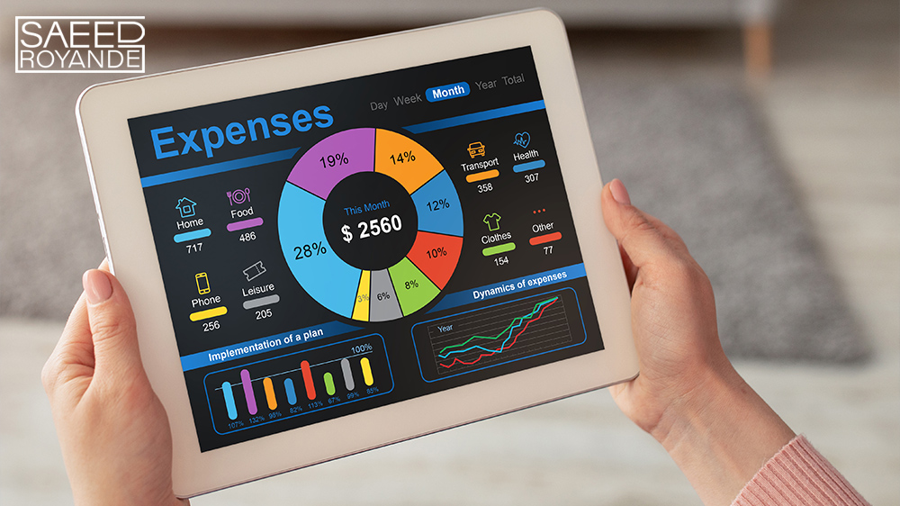 Lady with digital tablet calculating her monthly cost