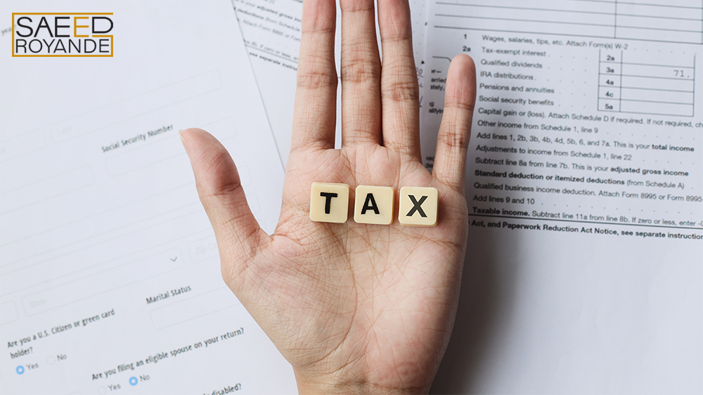 Tax words on palm hands against the tax forms